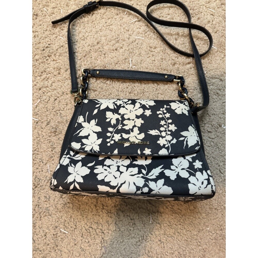 Michael Kors Sofia East West Satchel Cross Body Floral Navy Blue White